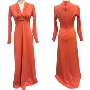 VTG 70s Coral Long Crochet Sleeve Maxi Dress Victorian Edwardian Revival Size XS